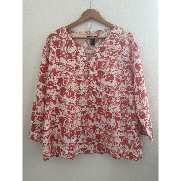 Sherry Taylor Shirt Womens 2X Linen Blend Floral 3/4 Sleeve Button Boho Cottage - Picture 2 of 9